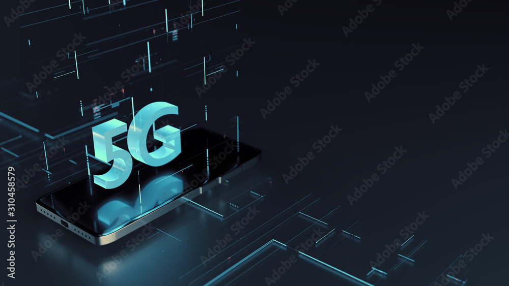 Poster 3d rendering of mobile phone with glowing 5g text on glass screen and abstract digital data. for nex