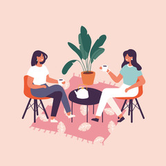 Vector illustration pair of female friends sitting at the table, drinking tea or coffee and talking. Coversetion and friendly meeting in a cafe.