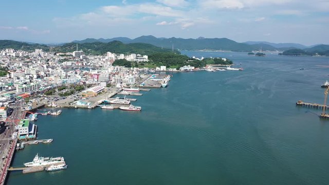 Tongyeong, South Korea 30 August 2019: 4K Aerial Drone Footage View of Tongyeong Port.