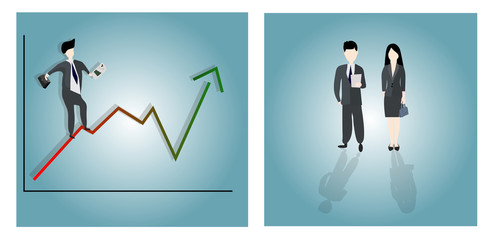 Set businessmen, cartoon, men and women, along with businessmen walking on a growth graph, upward graph, stocks, finance - vector
