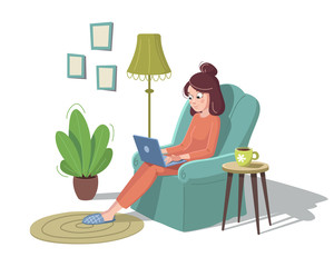 Young woman is sitting on armchair with laptop and cup of coffee or tea at home. Cozy interior with plants, floor lamp, carpet, coffee table and pictures. Vector illustration.