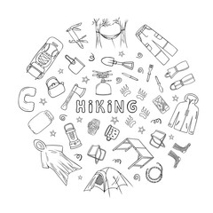 Drawing of camping equipment and clothes doodle icons set in circle frame with hiking text. Hand drawn black and white vector illustration