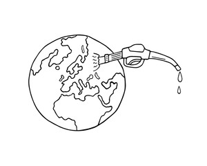 Fuel nozzle pumping oil or petrol from planet Earth. Hand drawn ecological concept. Black and white doodle vector illustration