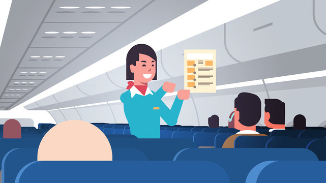 stewardess explaining for passengers instructions card female flight attendant safety demonstration concept modern airplane board interior horizontal portrait vector illustration