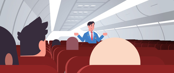 steward explaining instructions for passengers male flight attendant in uniform showing emergency exits safety demonstration concept airplane board interior horizontal vector illustration