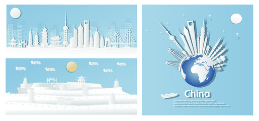 set Shanghai, China Postcards of world-famous landmarks, panoramas, tours, world-famous places in paper cut style vector illustration - Vector