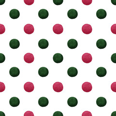 Watercolor Christmas red and green dots in seamless pattern on white background. Red and green dots are Christmas color theme.  Dots are isolated and pathed.