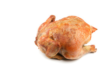 baked chicken on a white background with copy space.