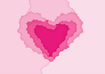 Paper art style of pink clouds form a love heart, Valentine's day concept