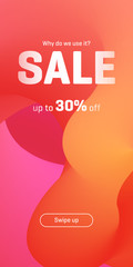 Sale banner design in fluid style with up to 30 percent off. Dynamical forms, flowing liquid shapes. Gradient color. Template for logo, flyer or presentation. Vector illustration. Sale concept