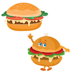 hamburger and hamburger character is waving, funny, food, fast food, isolated object on a white background, vector illustration