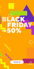 Colored background with sample text for instagram story. Black Friday edgy shapes, sharp elements. Electric orange background, white text. Layout for instagram banner, flyer. Vector illustration