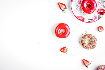 lunch with donuts on plate white table background top view mock up