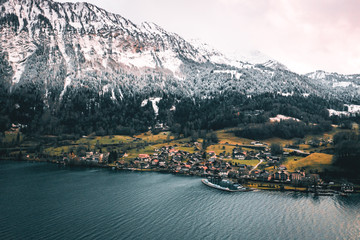 Aerial View Of A Small Beautiful Village In The Mountains, Switzerland.