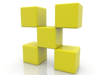 Five yellow toy cubes
