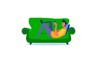 Man looking at smartphone laying down. Single person, net surfing, social media, gadget flat vector illustration. Leisure activity and free time concept for banner, website design or landing web page