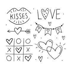 St.Valentine`s Day set of elements, clipart, stickers, coloring page. Love lettering, tic tac toe, heart arrow, flags, kiss and hearts. Hand drawn vectors. 