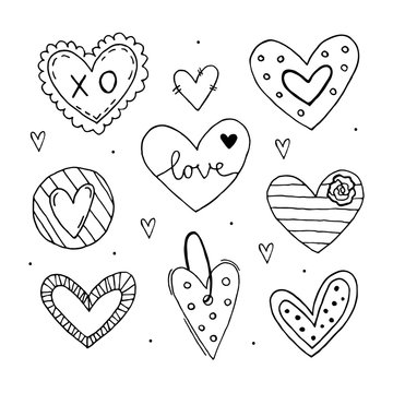 St.Valentine`s Day set of elements, clipart, stickers, coloring page. Hearts different design, line art. Hand drawn vectors. 