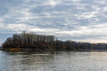 Landscape view of bank of calm river Don in Russia in autumn