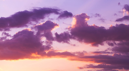 Colorful cloudy sky at sunrise, wide panoramic background