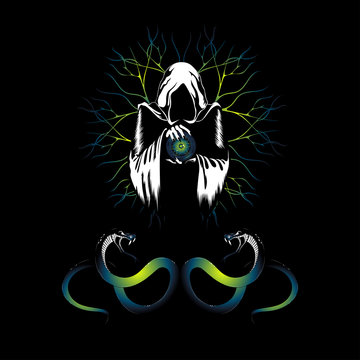 Vector image of a sorcerer with snakes. The sorcerer holds a magic ball in his hands. Image on a background of lightning.