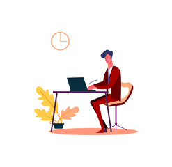 Fototapeta na wymiar Business person working with laptop. Businessman sitting on chair at table flat vector illustration. Employment concept for banner, website design or landing web page