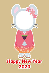 ねずみの女の子の顔出しフォトフレーム年賀状