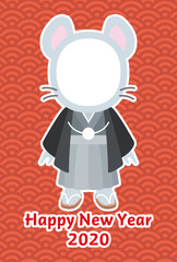 ねずみの男の子顔出しフォトフレーム年賀状 青海波（赤）