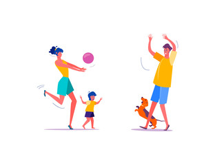 Fototapeta na wymiar Father, mother, son and dog playing together. Family fun flat vector illustration. Family relationship, parenting concept for banner, website design or landing web page
