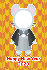 ねずみの男の子顔出しフォトフレーム年賀状 矢絣（橙）