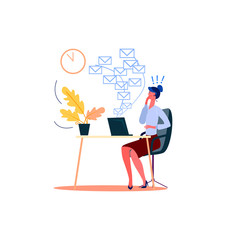 Frightened businesswoman looking at plenty incoming emails. Secretary at work flat vector illustration. Business correspondence concept for banner, website design or landing web page