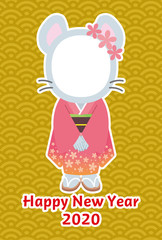 ねずみの女の子の顔出しフォトフレーム年賀状　青海波文様（黄）
