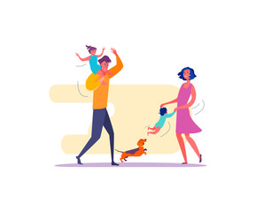 Smiling father, mother, children and puppy having fun. Happy family playing together with dog flat vector illustration. Family concept for banner, website design or landing web page