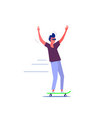 Stylish skater in jeans and sneakers. Skateboarding flat vector illustration. Leisure concept for banner, website design or landing web page