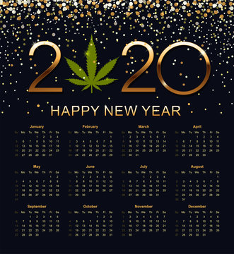 Gold Calendar And Marijuana Or Cannabis Leaf. Week Starts From Sunday. Isolated Vector Illustration On Blue Background.