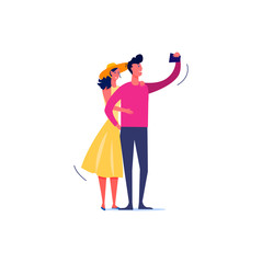 Young cute cheerful couple in love taking selfie. Self portrait flat vector illustration. Selfie concept for banner, website design or landing web page