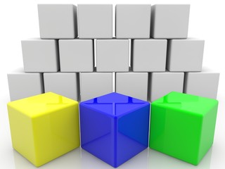 Fototapeta premium White cube wall with colored cubes in the foreground