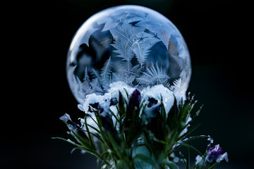 Closeup of frozen soap bubble in winter