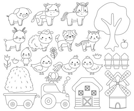 Coloring page for children. Cute kawaii farm animals: horse, sheep, cow, dog, cat, duck, chicken, goat, pig. Farm objects barn, windmill and tractor. Vector cartoon characters.