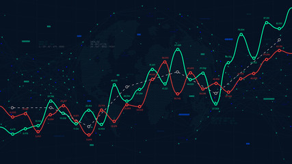 Global network of world big data, financial profit and loss curve, vector background for business