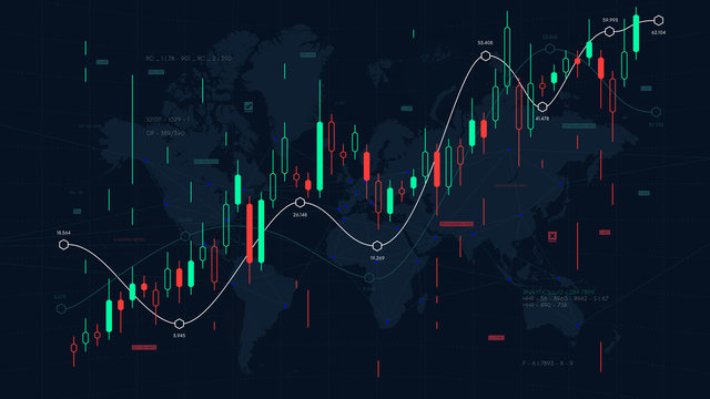 Financial market analytics graph on a world map background, scale of pieces and stock markets, traders dashboard, vector illustration