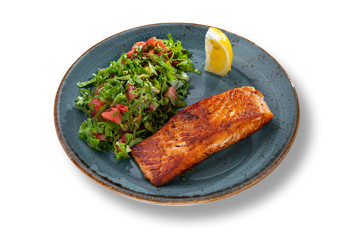 Delicious salmon fish cutlet with salad