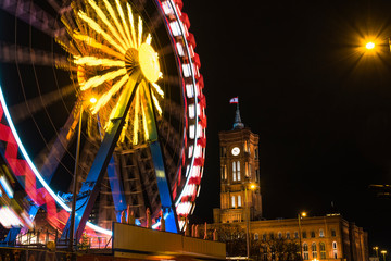 Rotes Rathaus in Berlin Germany, in the foreground a ferris wheel, Christmas market, Christmas...