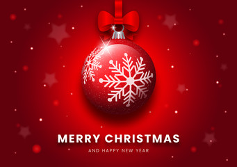 Christmas card with red balls and snowflakes. Merry Christmas and happy new year. Vector illustration.