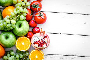 summer food with fresh fruits and vegetables top view space for text