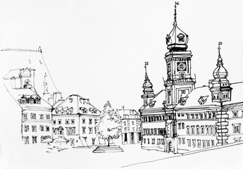 Lineart ink drawing of Warsaw main square landscape, old town view illustration, Poland