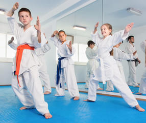 Fototapeta na wymiar Young children practicing karate moves