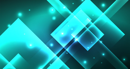 Neon glowing techno square rectangle lines, blue hi-tech futuristic abstract background