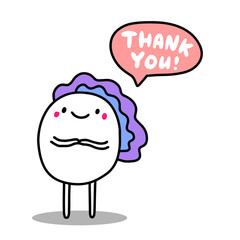 Thank you hand drawn vector illustration in cartoon comic style man violet hair speech bubble