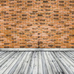 Brown, orange brick wall with wooden floor,interior design